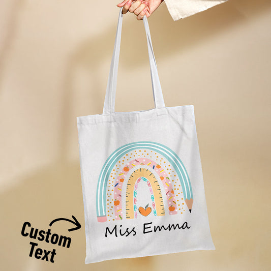 Personalised teacher tote bag on neutral canvas with boho rainbow print and custom name on front — stylish, practical teacher gift