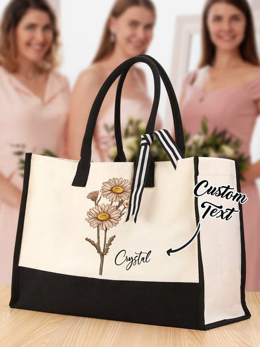 Personalised name canvas tote bag front view showing custom name on heavy-duty canvas 43 x 30 x 20 cm ideal bridesmaid wedding gift