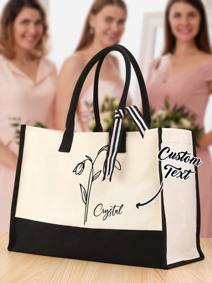Set of personalised canvas tote bags presented as bridesmaid gifts and wedding favours in a neutral elegant design