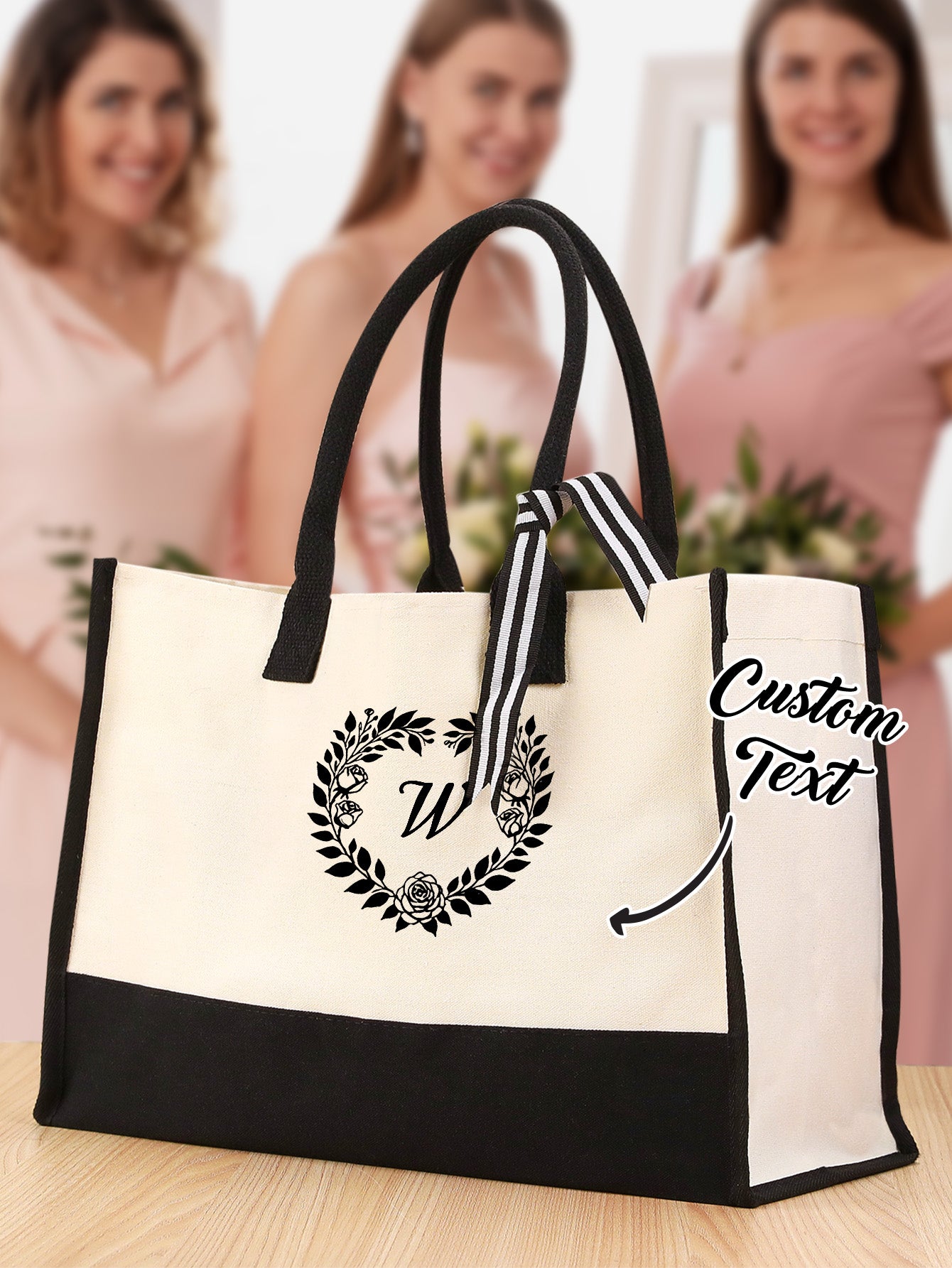 Wedding welcome bag idea showing personalised canvas tote filled with keepsakes treats and stationery for bridesmaids