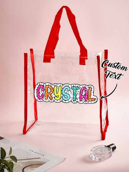 Model holding a personalised transparent tote bag at shoulder, styled as a bridesmaid accessory and everyday personalised bag