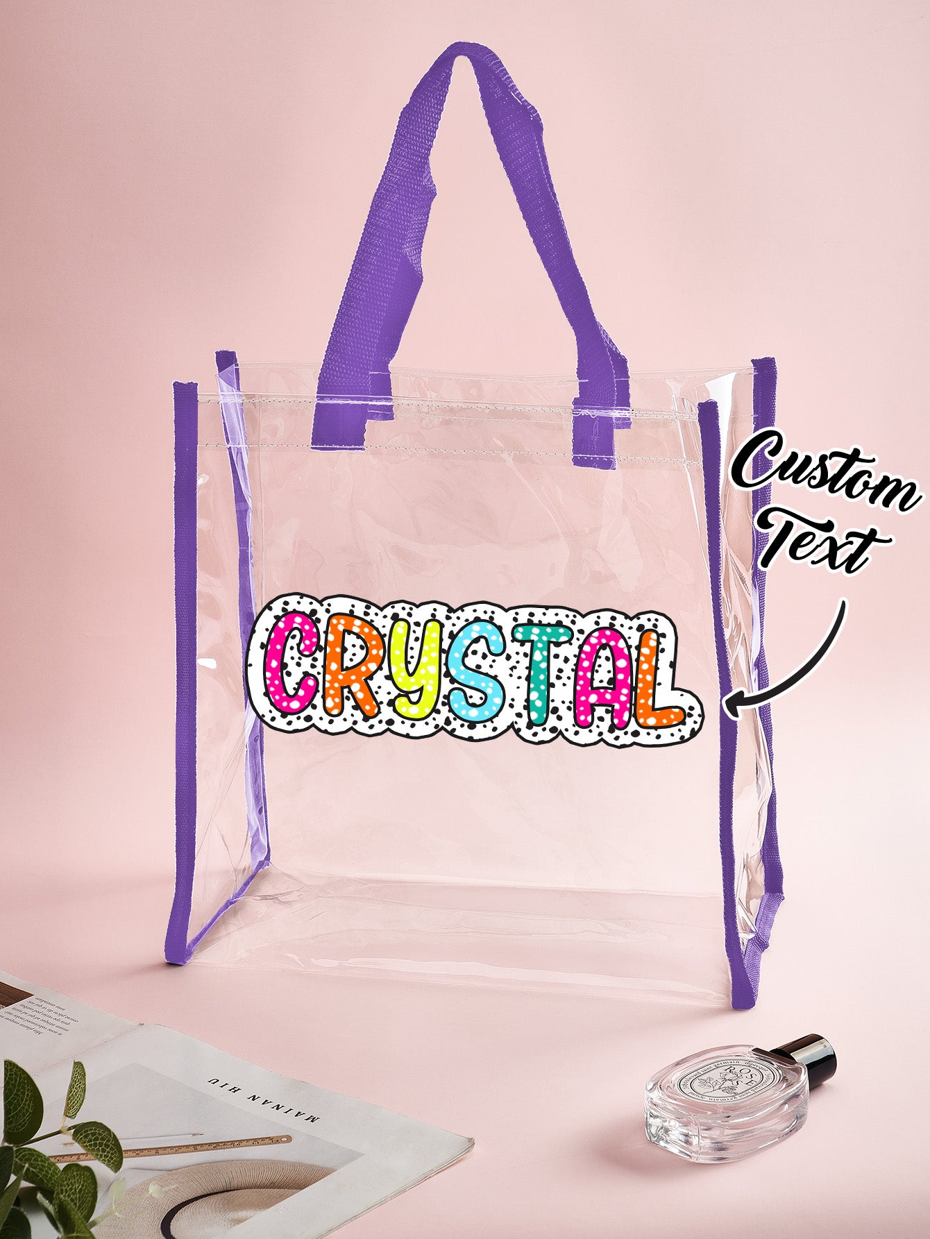 Side view of personalised PVC clear tote showing sturdy straps and custom name print, durable personalised wedding gift option