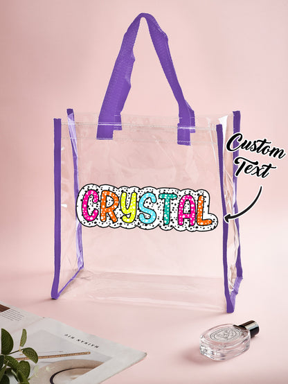 Side view of personalised PVC clear tote showing sturdy straps and custom name print, durable personalised wedding gift option