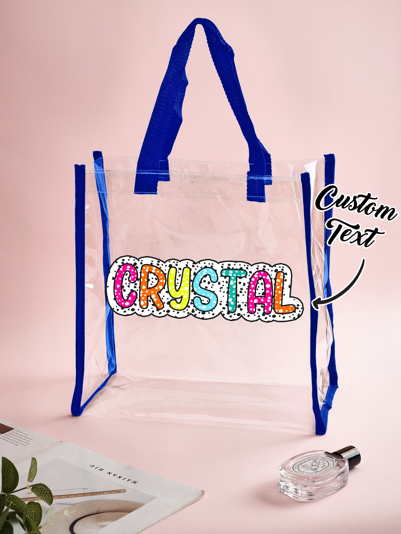 Transparent PVC tote with minimalist initials monogram, modern personalised accessory for everyday wear and bridal parties