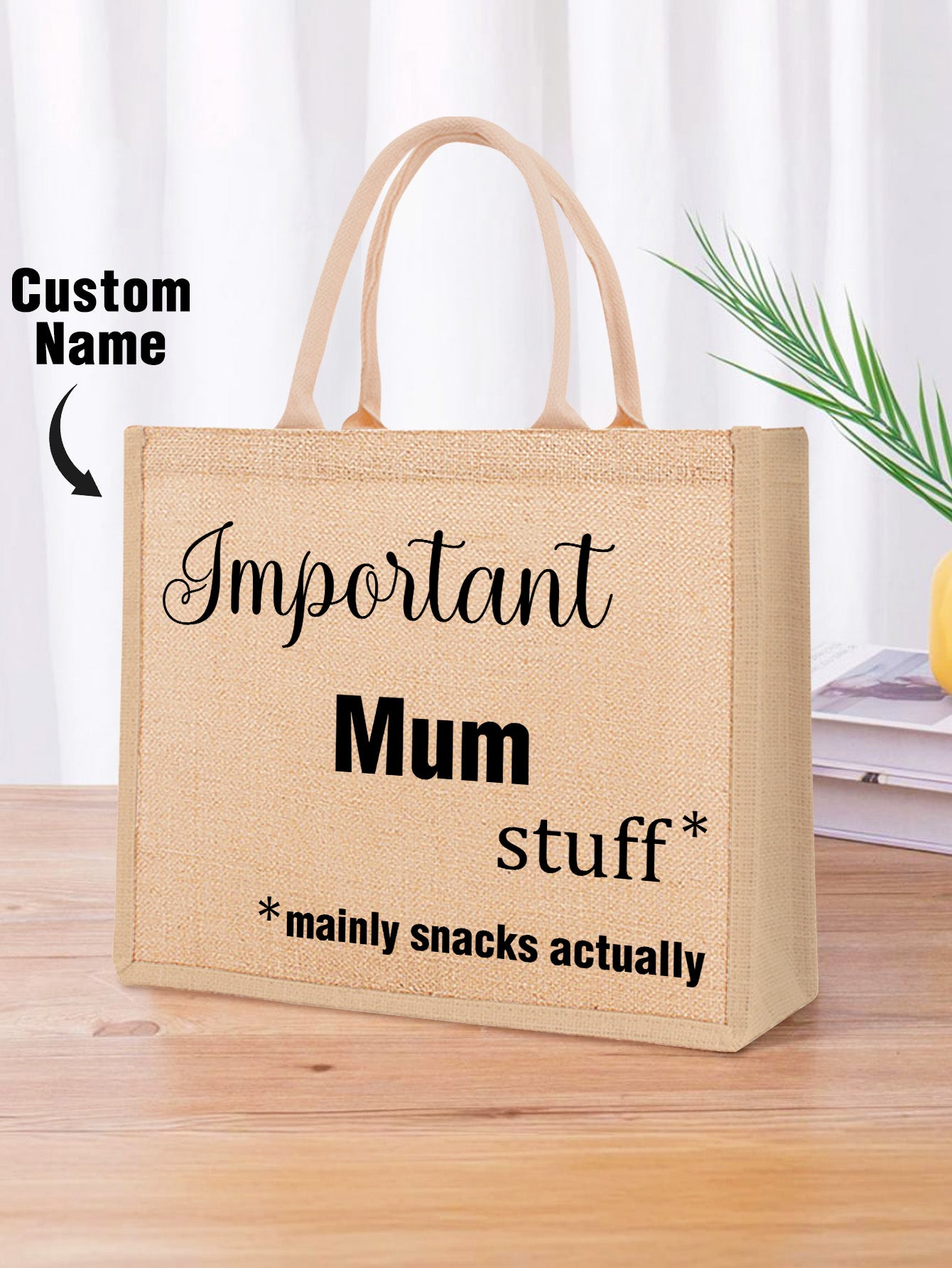 Personalised engraved jute tote bag with custom name — eco-friendly Mother's Day and Thanksgiving gift