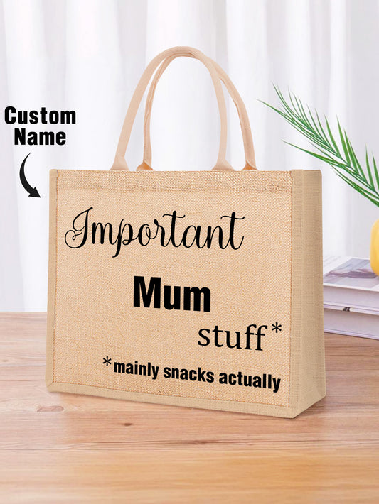 Personalised engraved jute tote bag with custom name — eco-friendly Mother's Day and Thanksgiving gift