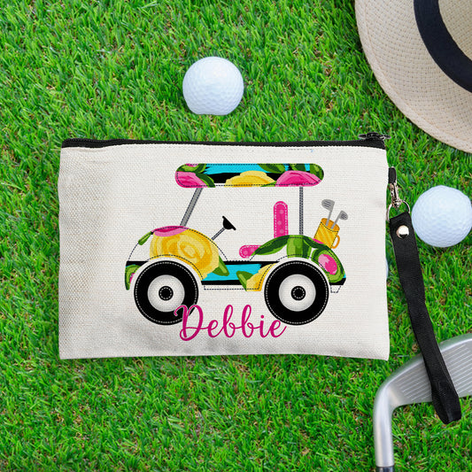 Personalised golf cart makeup bag — custom name canvas cosmetic pouch front view, compact 22.5 × 15 cm travel toiletry pouch