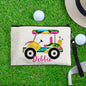 Personalised golf cart makeup bag — custom name canvas cosmetic pouch front view, compact 22.5 × 15 cm travel toiletry pouch