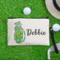 Golf-themed toiletry bag open showing interior pockets — personalised canvas cosmetics pouch and custom name makeup pouch for travel