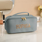 Personalised PU leather makeup bag in blush pink with embroidered name – waterproof travel cosmetics organiser, thoughtful gift for her