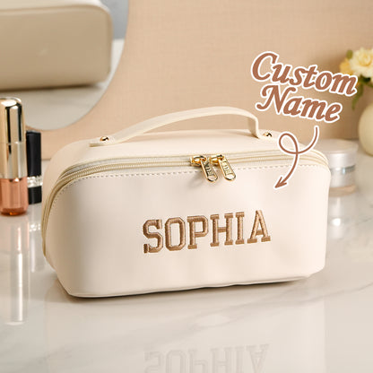 Personalised PU leather makeup bag in black with embroidered name – sleek waterproof cosmetics organiser for daily commute and travel
