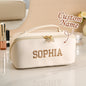 Personalised PU leather makeup bag in black with embroidered name – sleek waterproof cosmetics organiser for daily commute and travel