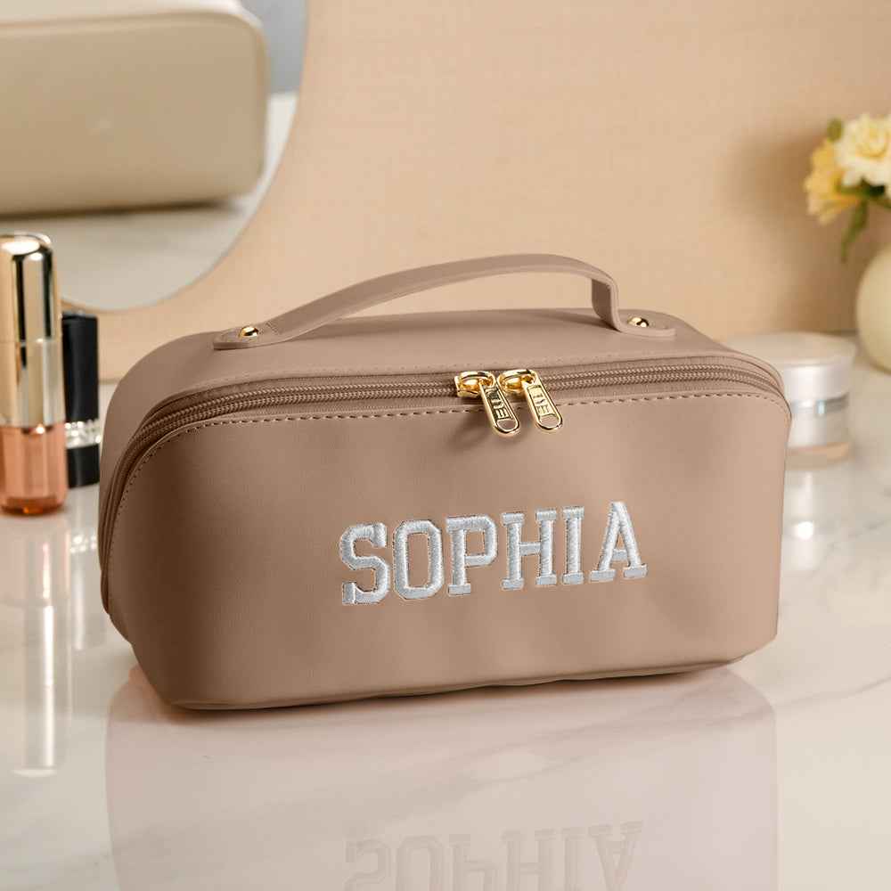 Personalized PU Leather Waterproof Makeup Bag with Embroidery Name Cosmetic Bag Travel Accessory Birthday Wedding Gift for Her