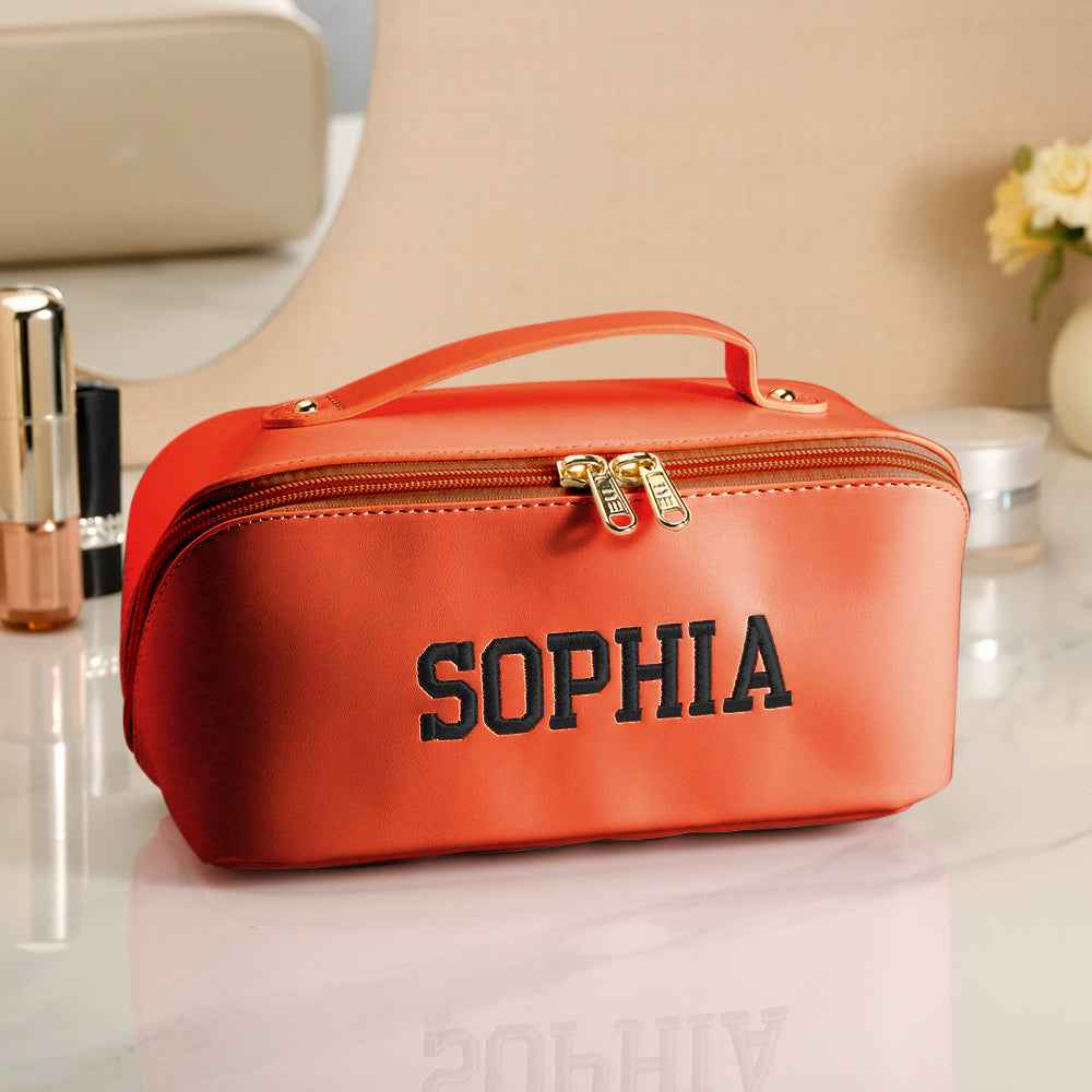 Personalized PU Leather Waterproof Makeup Bag with Embroidery Name Cosmetic Bag Travel Accessory Birthday Wedding Gift for Her