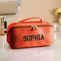 Care instructions visual for personalised PU leather makeup bag – wipe clean with a damp cloth and mild soap for stubborn stains