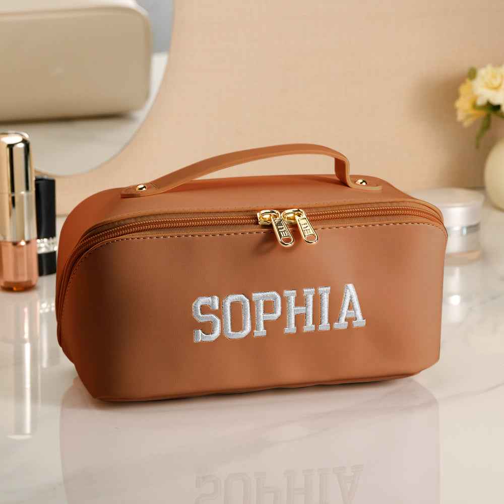 Personalized PU Leather Waterproof Makeup Bag with Embroidery Name Cosmetic Bag Travel Accessory Birthday Wedding Gift for Her