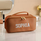 Collection shot of personalised embroidered makeup bags in multiple colours – customised gifts for her, bridesmaids and Mother's Day