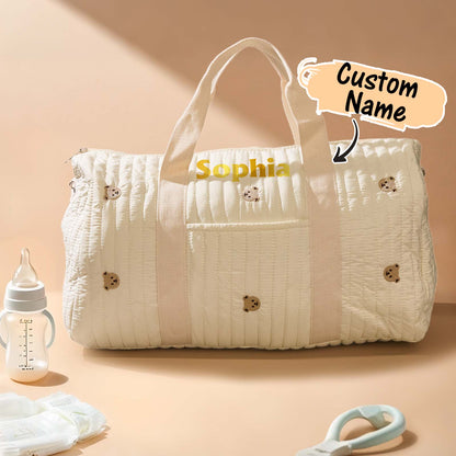 Personalised large-capacity maternity hospital bag with cute rabbit-bear print, cotton exterior and multiple compartments — ideal pregnancy gift for her.