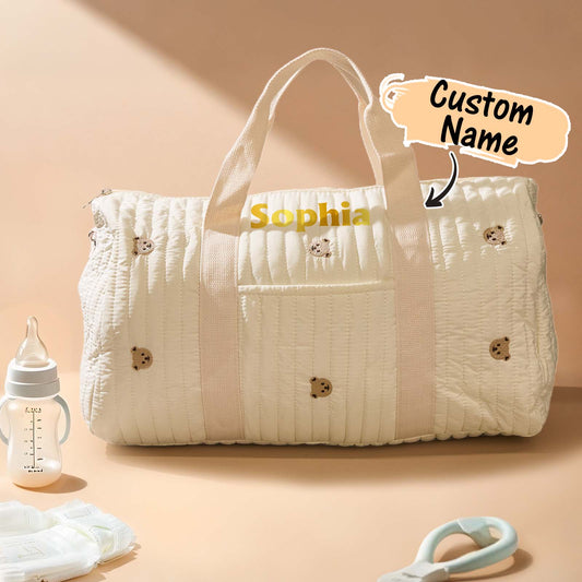 Personalised large-capacity maternity hospital bag with cute rabbit-bear print, cotton exterior and multiple compartments — ideal pregnancy gift for her.