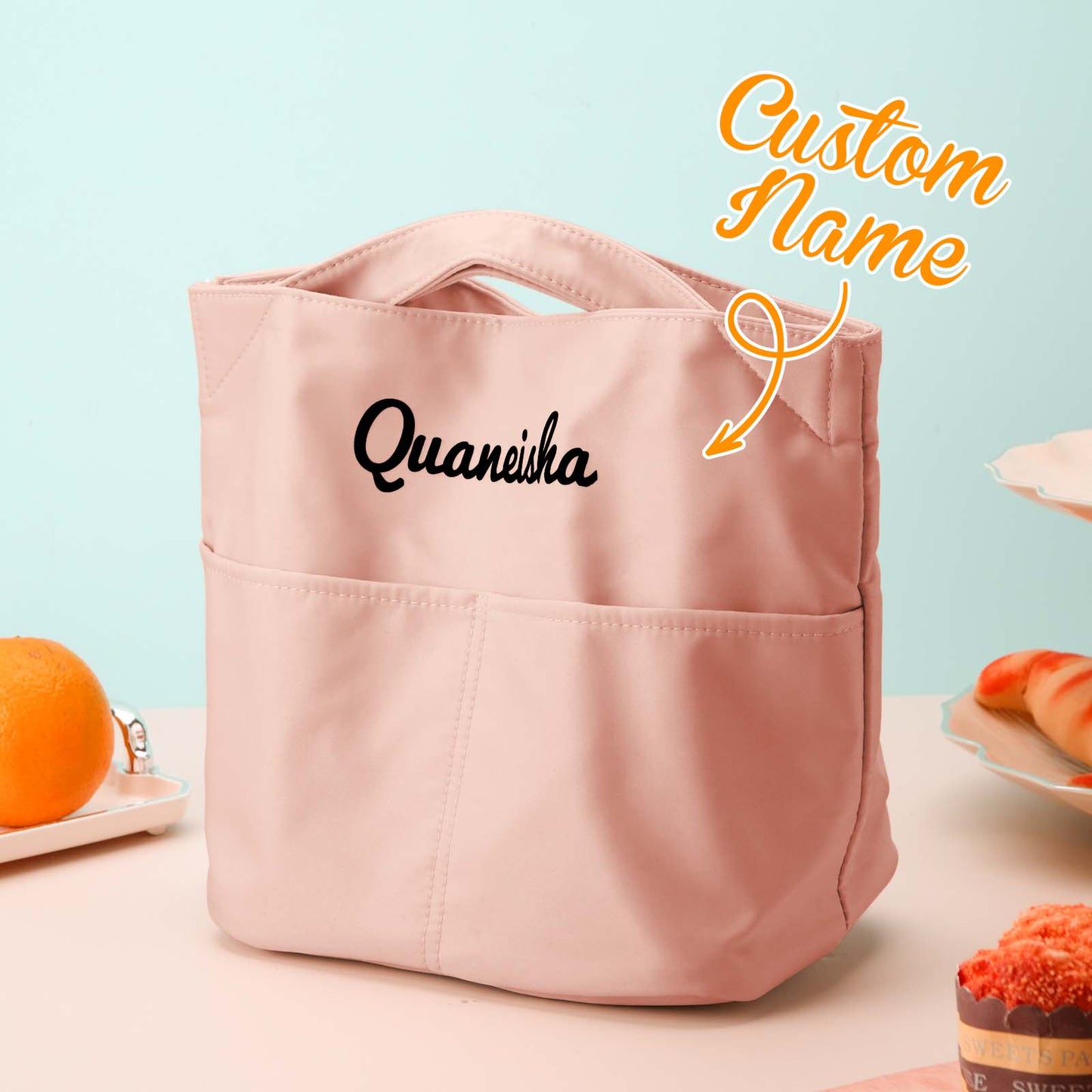 Personalised Lunch Bag Mini Tote three‑quarter view with personalised name, portable kids' mini tote for lunches, picnics and after‑school activities