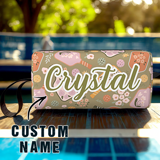 Personalised Pickleball Ball Pouch in retro flower print with example name — compact polyester pickleball ball holder