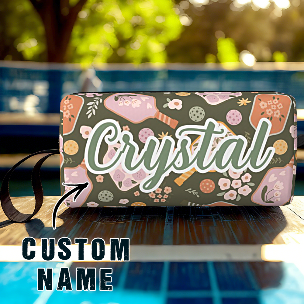 Rear view of personalised pickleball pouch highlighting neat stitching and retro floral design