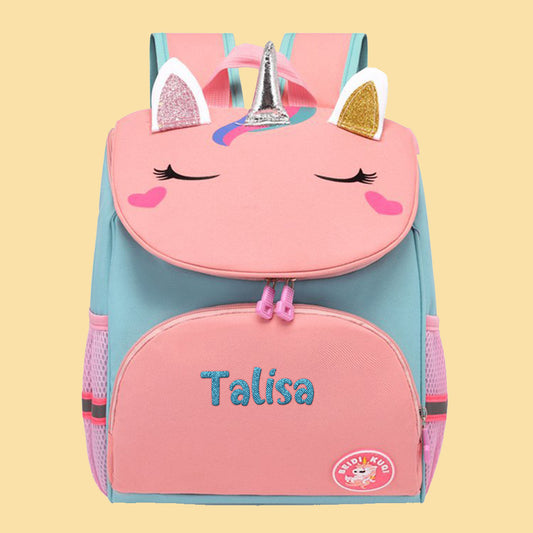 Personalised unicorn backpack with name embroidery on the front – custom school bag for kids in durable nylon