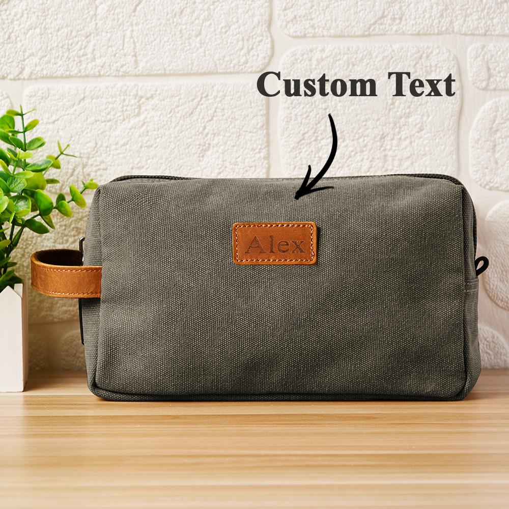 Personalisation options displayed — initials, names or short quote engraved on canvas toiletry bag for a thoughtful wedding or anniversary gift