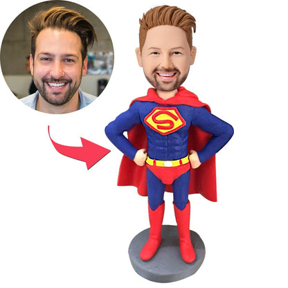 Personalised superhero bobblehead (polymer clay) with custom head made from your photo and engraved base – perfect personalised gift for birthdays, weddings or retirements in the UK and Australia
