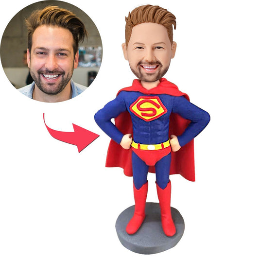 Personalised superhero bobblehead (polymer clay) with custom head made from your photo and engraved base – perfect personalised gift for birthdays, weddings or retirements in the UK and Australia