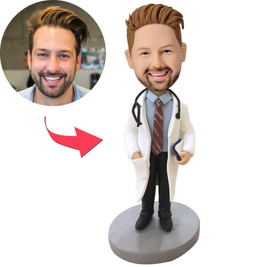 Front view of custom cool doctor with stethoscope polymer clay bobblehead — personalised head on fixed doctor body, perfect personalised doctor gift or medical graduation gift