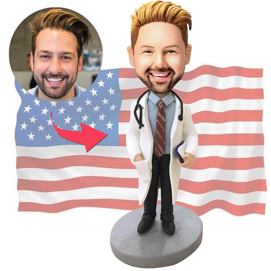 Handcrafted polymer clay personalised doctor bobblehead with stethoscope and engraved base — custom doctor gift for graduation or retirement