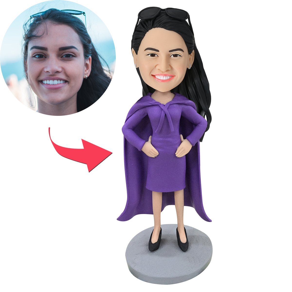 Personalised female bobblehead — custom polymer clay figurine with the head personalised from your photo, engraved base for name or message, fixed clothing and standing pose; perfect engraved bobblehead and custom bobblehead Australia.