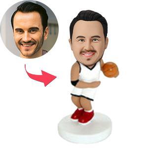Personalised basketball dribbler bobblehead with engraved base — polymer clay sports figurine mid‑dribble, customised head, ideal personalised gift in the UK & Australia