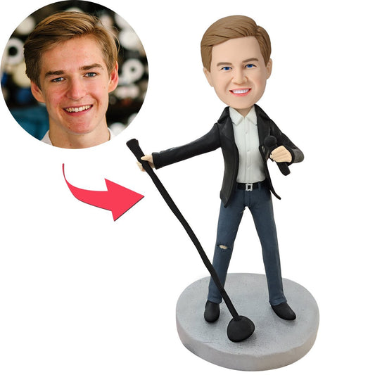 Lead singer personalised bobblehead in polymer clay with engraved base — custom head made from your photo, perfect personalised music gift