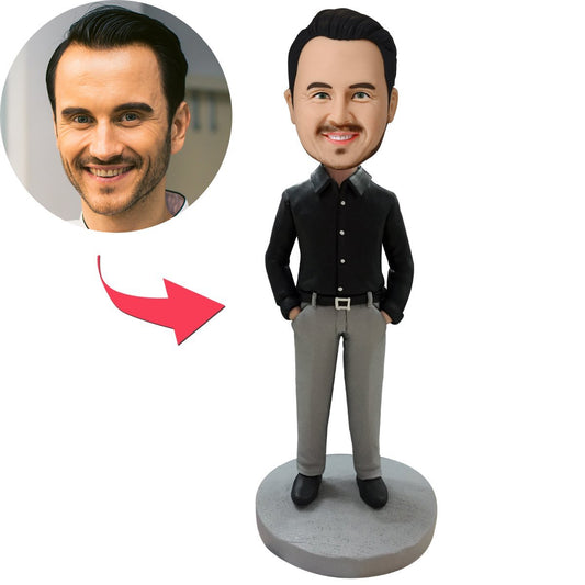 Personalised business casual male bobblehead in polymer clay with engraved base — custom head modelled from your photo, ideal corporate gift and desk ornament