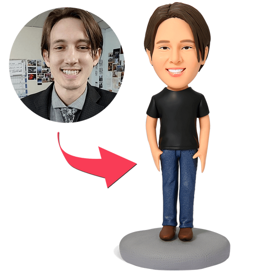 Side view of Casual Male in Jeans personalised bobblehead showing fixed body pose and denim detail — personalised bobblehead UK, thoughtful gift for him
