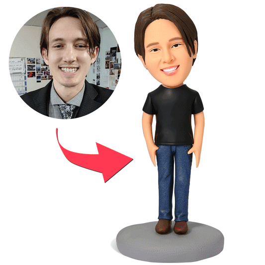 Side view of Casual Male in Jeans personalised bobblehead showing fixed body pose and denim detail — personalised bobblehead UK, thoughtful gift for him