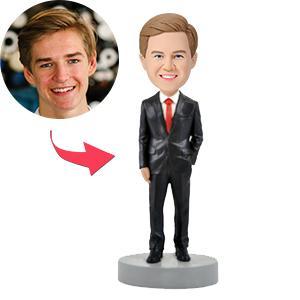 Custom male executive bobblehead Power Suit B — personalised polymer clay figure in navy power suit with engraved base, ideal corporate or desk gift