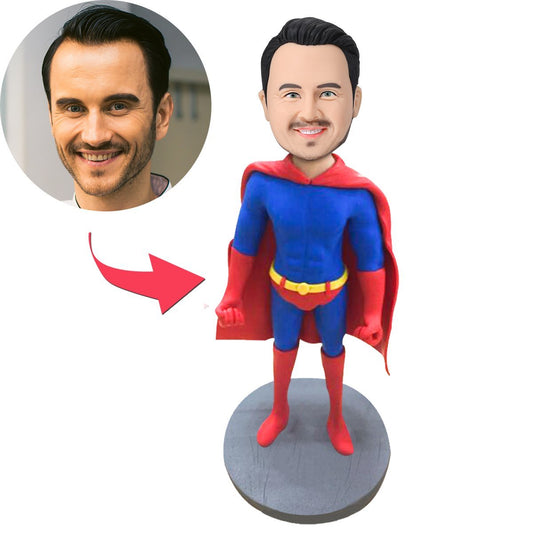 Premium polymer clay male superhero personalised bobblehead with engraved name on base — customised head matched to supplied photo