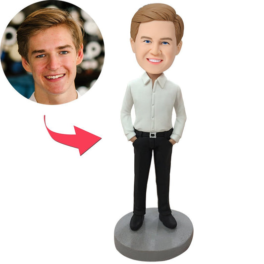 Business Casual personalised male bobblehead with customised head and engraved text on the base — polymer clay office desk ornament, ideal personalised corporate or retirement gift