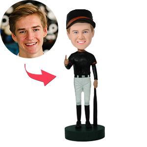Front view of Number 1 personalised baseball bobblehead with customised photo head, polymer clay player figurine in jersey and cap on an engraved base, ideal personalised sports gift