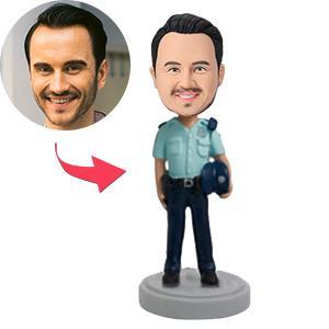 Personalised police officer bobblehead holding hat, polymer clay figurine with custom engraved base — perfect retirement, promotion or collectible gift