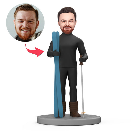 Custom skiing bobblehead with personalised engraved text, handmade polymer clay ski figurine with customised head from your photo — perfect personalised gift for him