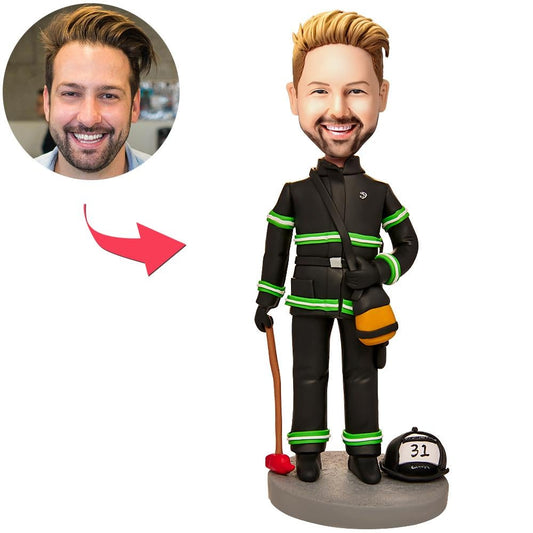 Personalised firefighter bobblehead, handmade polymer clay figurine with custom head and uniformed body — engraved base keepsake gift