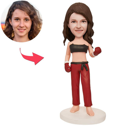 Personalised female boxer bobblehead in polymer clay with engraved base and customisable head – ideal custom bobblehead gift
