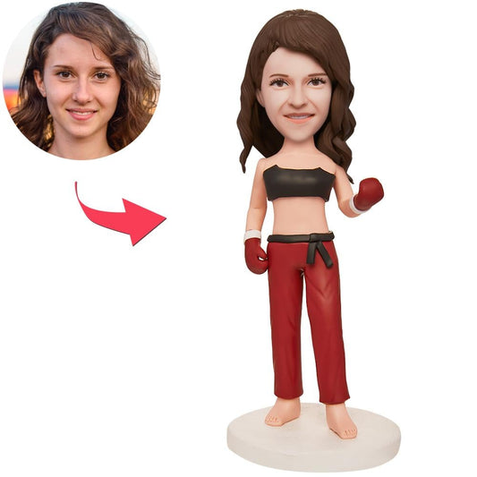 Personalised female boxer bobblehead in polymer clay with engraved base and customisable head – ideal custom bobblehead gift