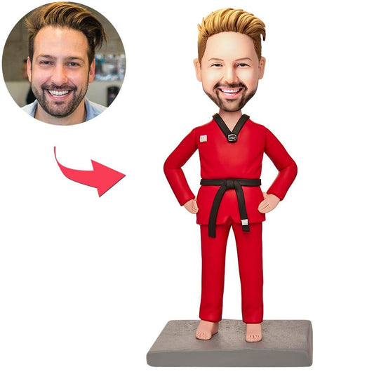 Male Taekwondo Fighter custom bobblehead — personalised polymer clay figurine with customised head and engraved text on base, ideal Taekwondo gift for competitors and coaches
