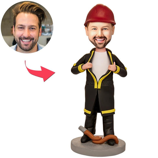 Front view of custom firefighter bobblehead – personalised male fireman figurine in premium polymer clay, customised head to match photo with engraved base