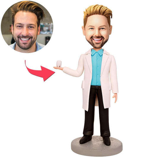 Personalised male dentist bobblehead in white coat with stethoscope — handcrafted polymer clay personalised bobblehead with engraved text on the base